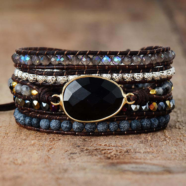 Five-layer vintage cowhide rope black onyx hand-woven beaded bracelet-canovaniajewelry