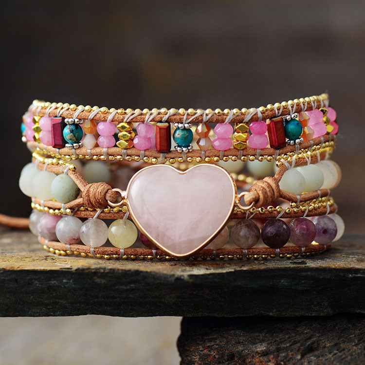 Pink crystal heart-shaped leather multi-layered bracelet-canovaniajewelry