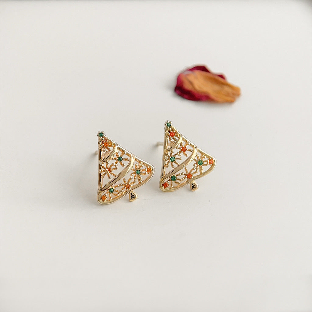 Zircon hollow red and green Christmas tree earrings-canovaniajewelry