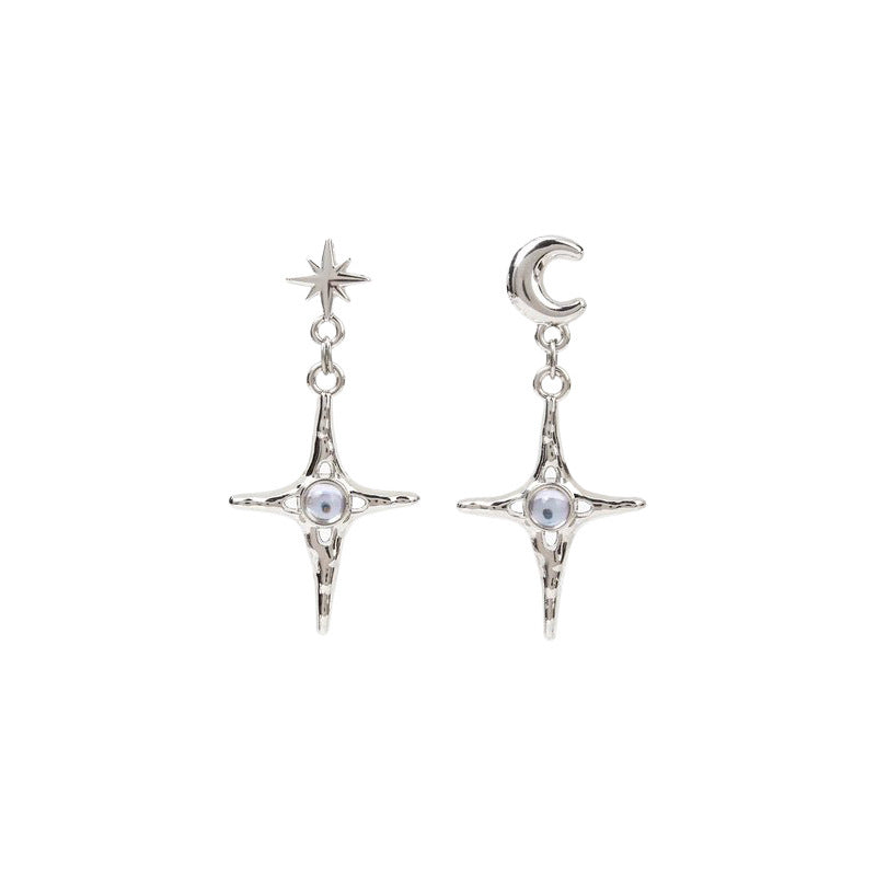 Asymmetric star and moon silver needle earrings-canovaniajewelry