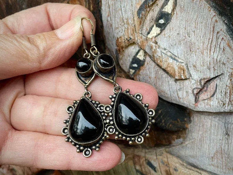 Boho Vintage Drop black agate hollowed out earrings-canovaniajewelry