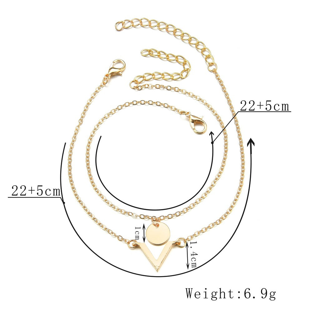 Round piece letter V-shaped multi-layer beach pendant anklet two-piece set-canovaniajewelry