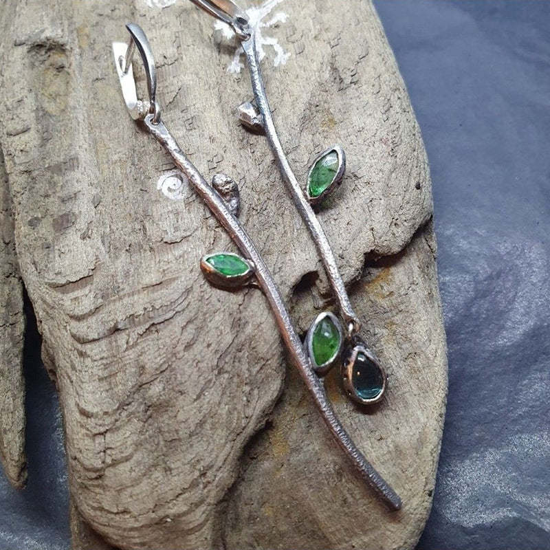 Plant branches green leaves crystal earrings asymmetrical design-canovaniajewelry