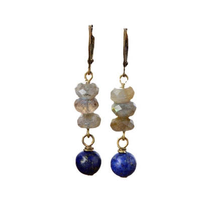 Natural gray blue moonlight wheel beads lapis lazuli beaded earrings-canovaniajewelry