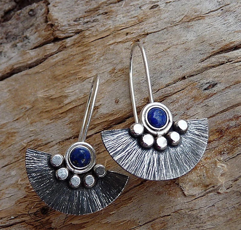 Retro semi-round fan-shaped lapis Lazuli earrings-canovaniajewelry