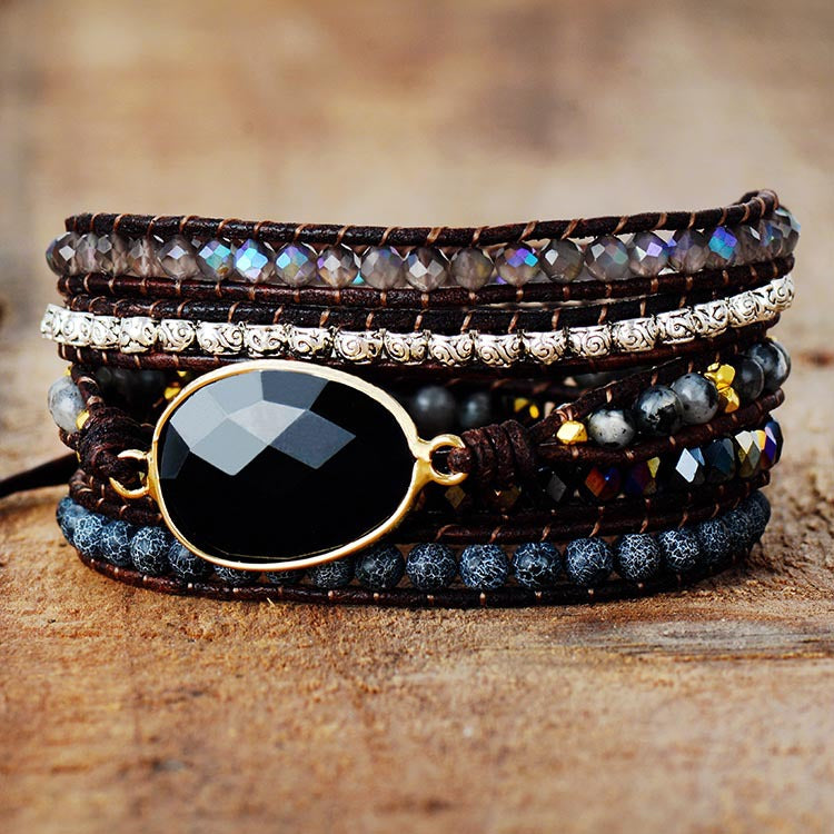 Five-layer vintage cowhide rope black onyx hand-woven beaded bracelet-canovaniajewelry
