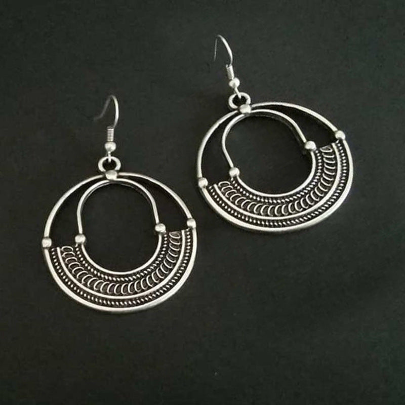 Retro geometric circular hollow out ancient silver earrings-canovaniajewelry