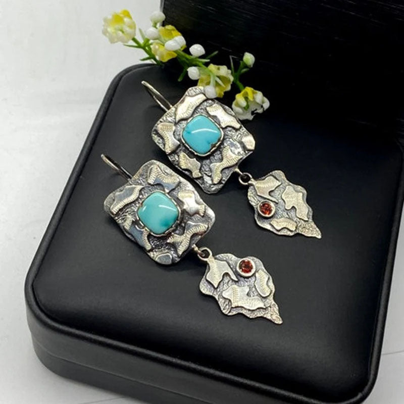 Boho retro geometric square with turquoise earrings-canovaniajewelry