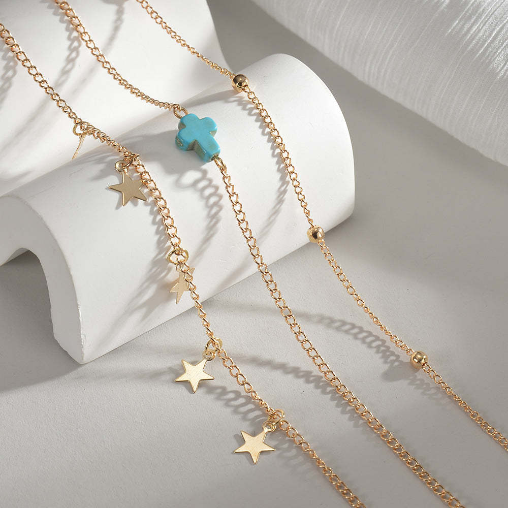 Beach star fringe cross turquoise multi-layer women's anklet-canovaniajewelry