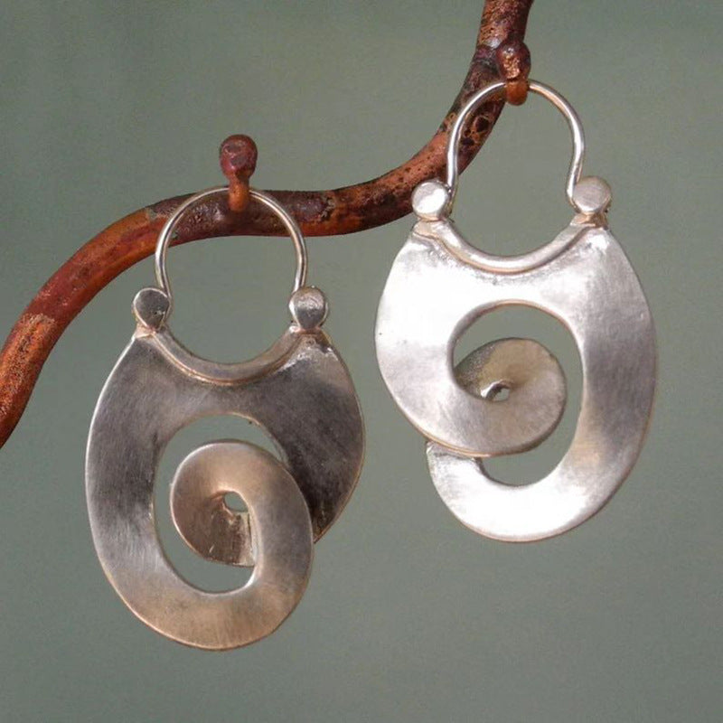 Gypsy bend metal earrings ancient silver hollow spiral U-hook earrings-canovaniajewelry