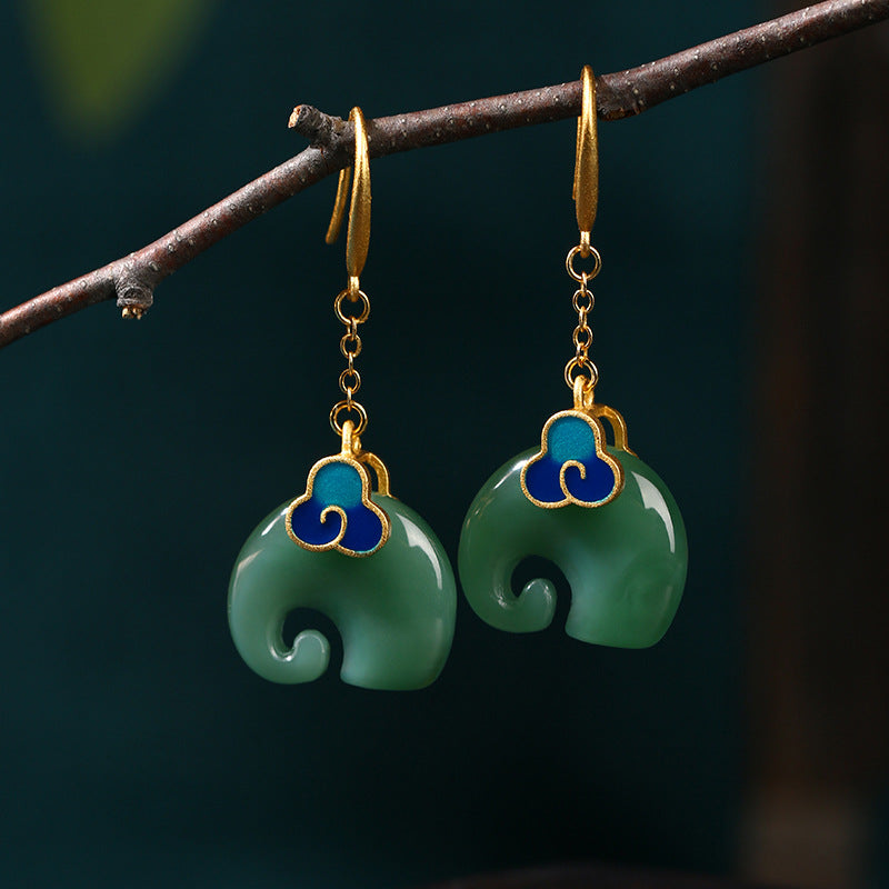 Enamel carved chalcedony elephant earrings-canovaniajewelry