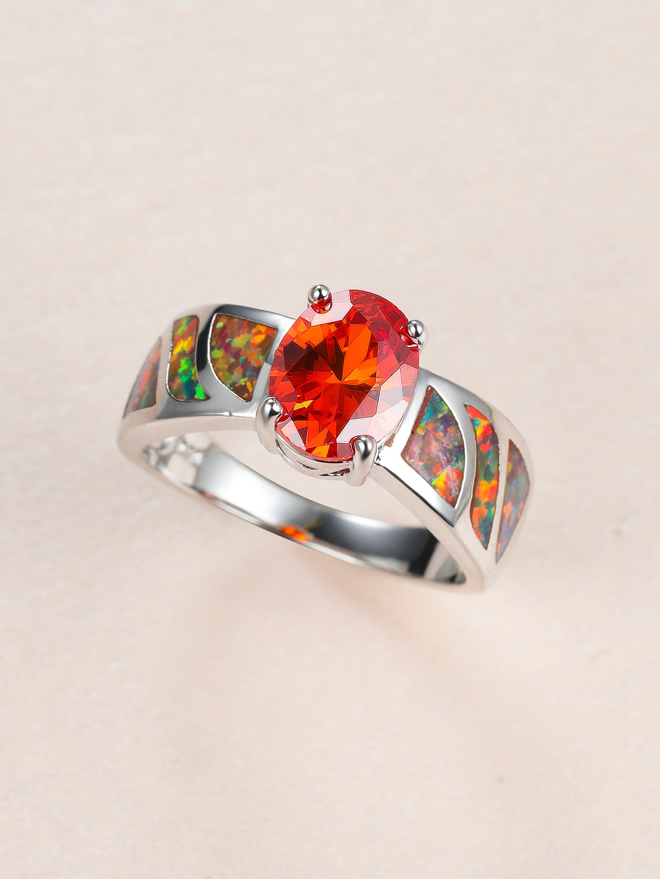 S925Red Opal Garnet Oval Diamond Ring-canovaniajewelry