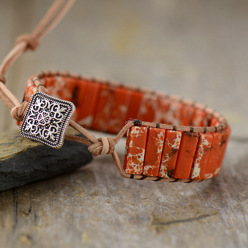 Orange Imperial Stone Leather Handwoven Bracelet-canovaniajewelry