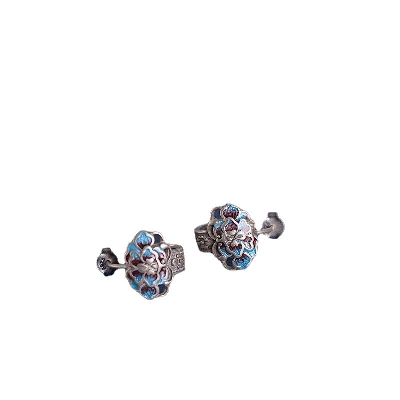 Blue ear studs with peony flowers-canovaniajewelry