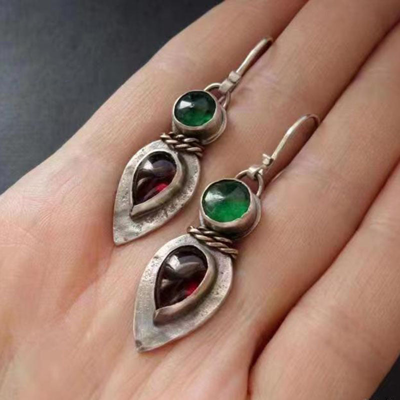 Round drop red and green zircon inlaid retro earrings-canovaniajewelry