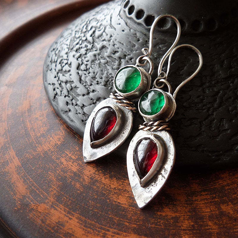 Round drop red and green zircon inlaid retro earrings-canovaniajewelry