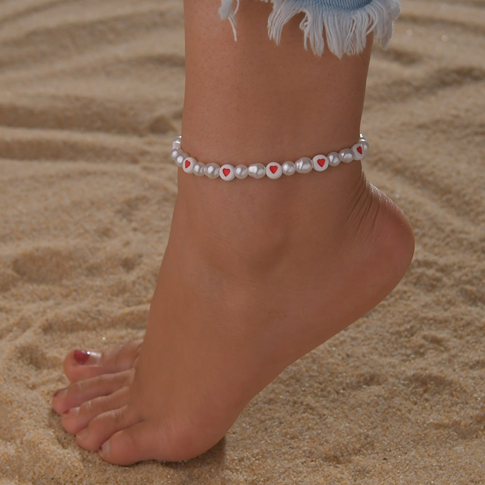 Summer beach pearl peach heart beaded high elastic single layer simple anklet-canovaniajewelry