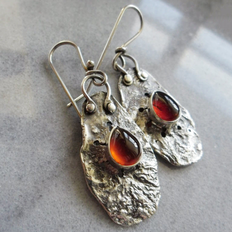 Ancient silver irregular metal red water drop zircon earrings-canovaniajewelry