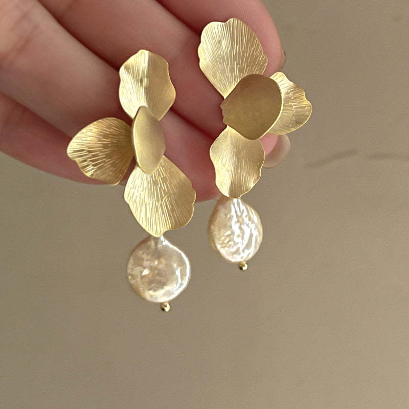 Baroque Pearl earrings with golden petal flowers-canovaniajewelry