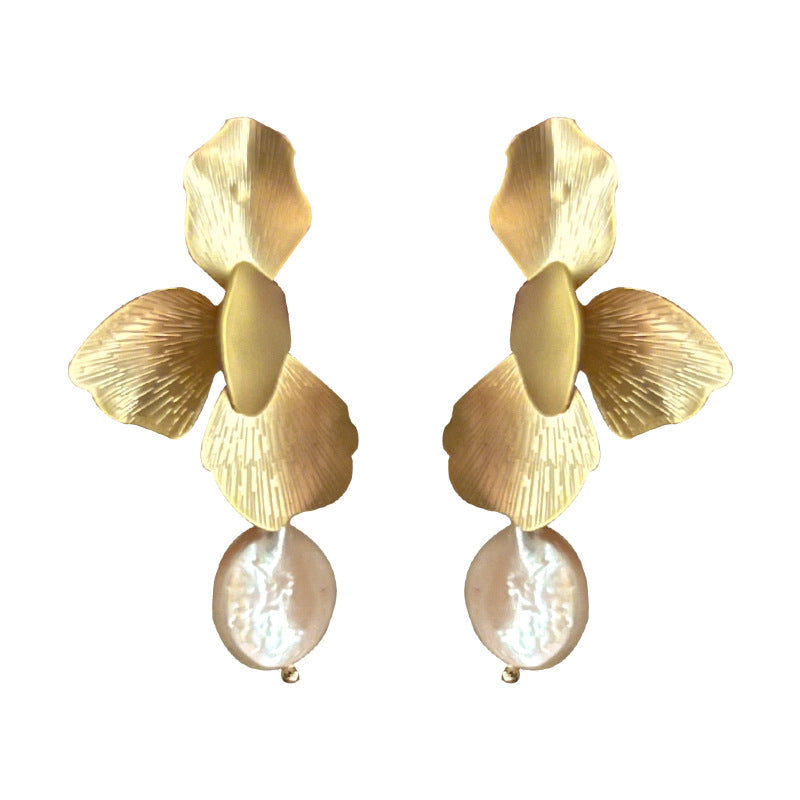 Baroque Pearl earrings with golden petal flowers-canovaniajewelry