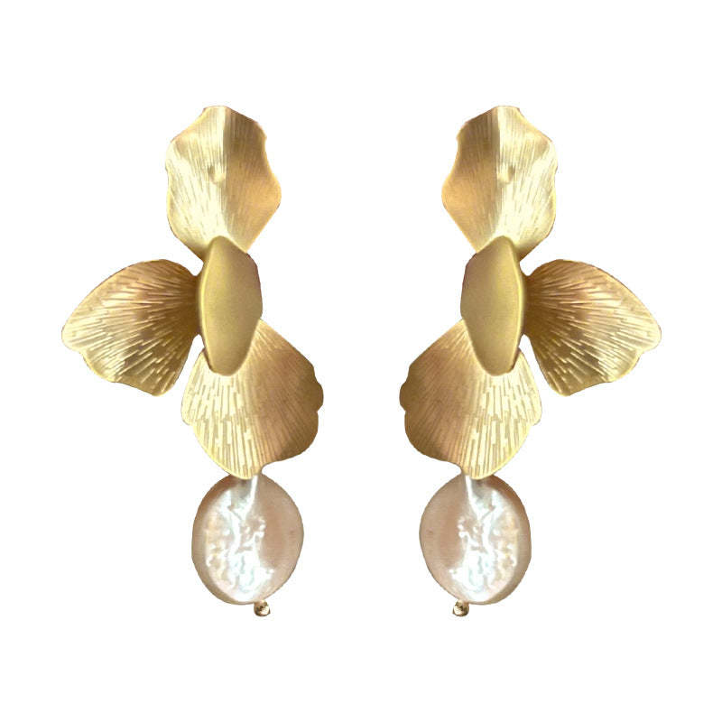 Baroque Pearl earrings with golden petal flowers-canovaniajewelry