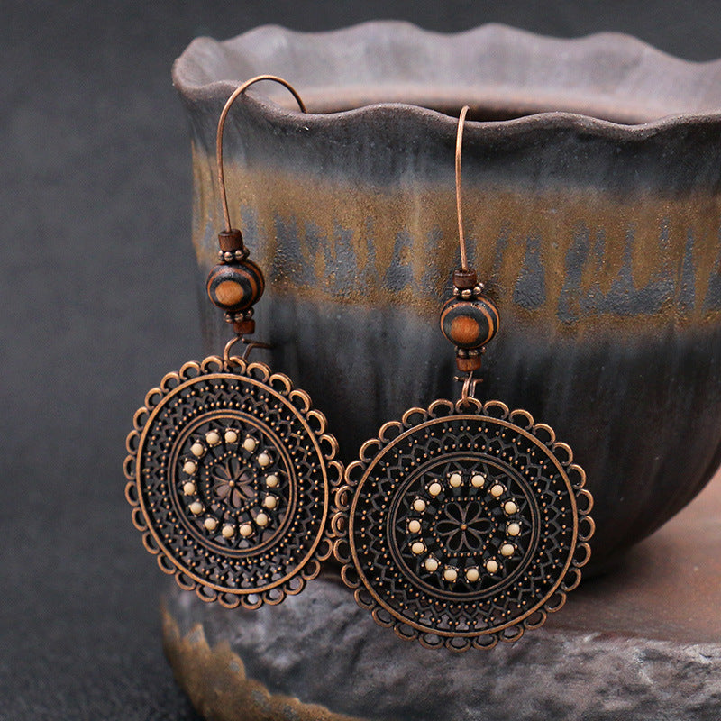 Retro fashion round flower rhinestone wooden bead earrings-canovaniajewelry