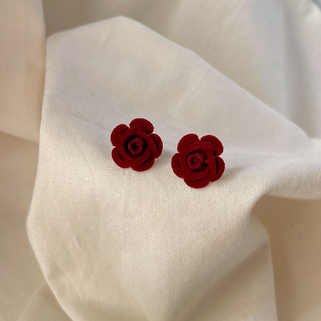 Burgundy rose flocked earrings-canovaniajewelry