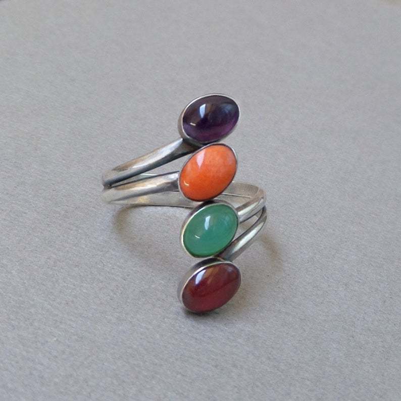 Vintage Thai Silver Wrap Ring Coral Garnet Amethyst Emerald Ring-canovaniajewelry