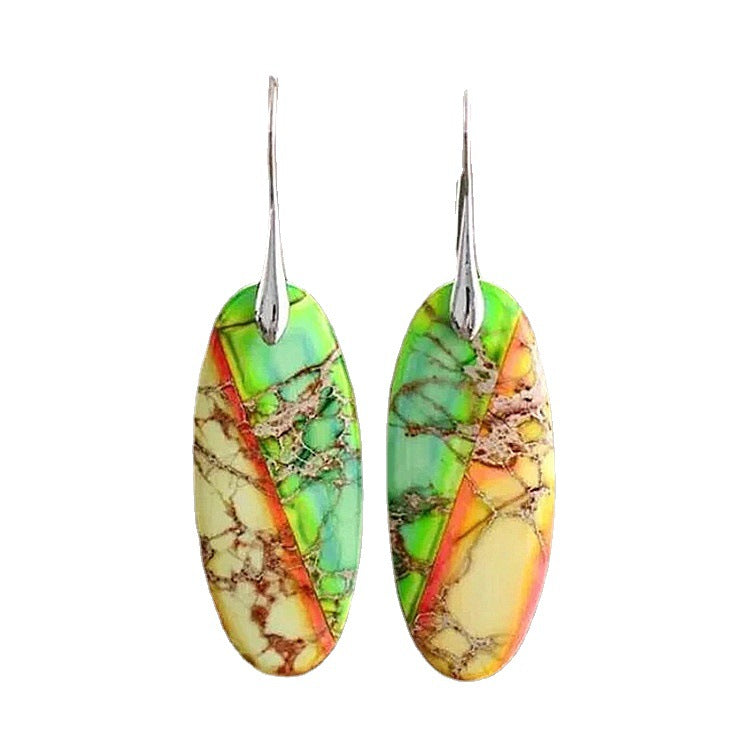 Flat oval two-color stitching natural stone earrings-canovaniajewelry