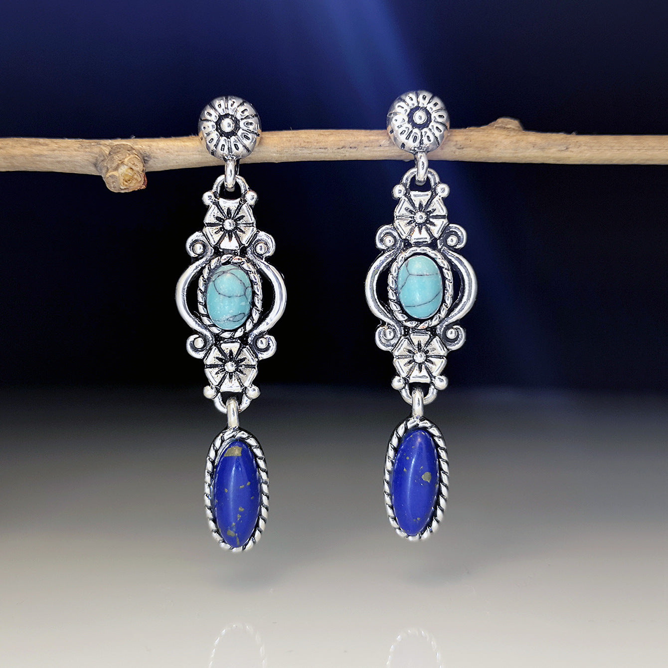 Vintage Engraved Flower Turquoise Earrings-canovaniajewelry