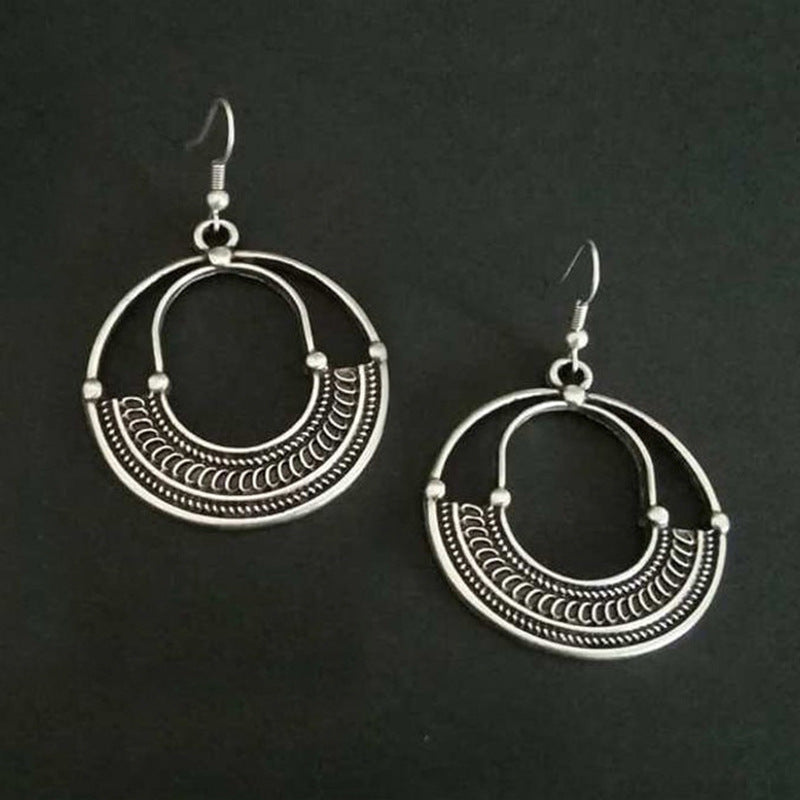 Retro geometric circular hollow out ancient silver earrings-canovaniajewelry