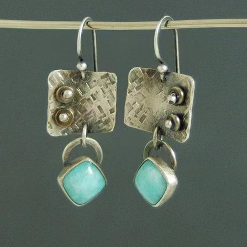 Retro square earrings with asymmetrical turquoise drop-canovaniajewelry