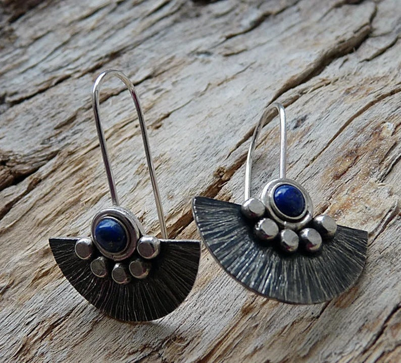 Retro semi-round fan-shaped lapis Lazuli earrings-canovaniajewelry