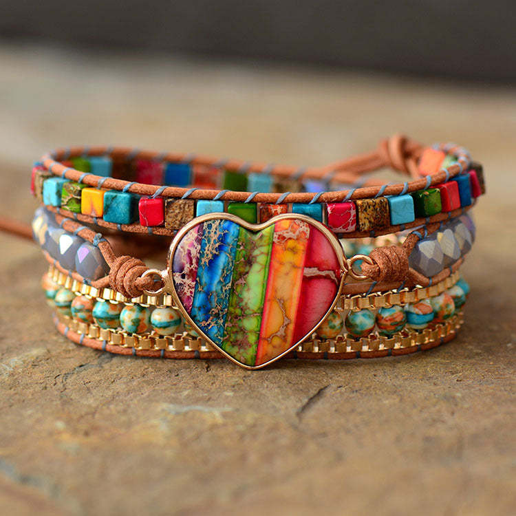 Heart-Shaped Colorful Imperial Stone Leather Bracelet-canovaniajewelry