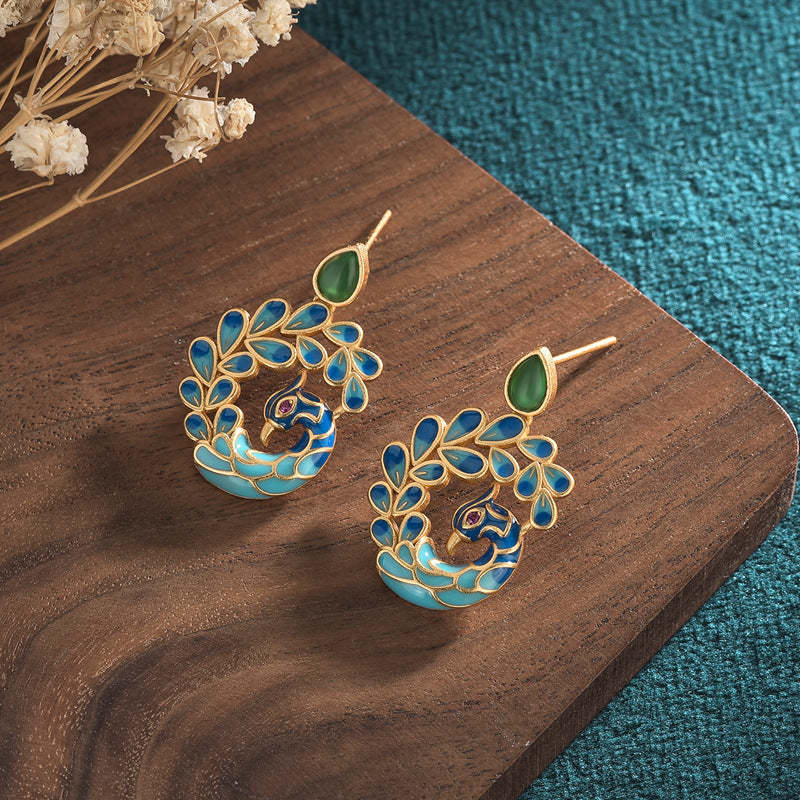 Enamel peacock natural chalcedony embellished agate earrings-canovaniajewelry