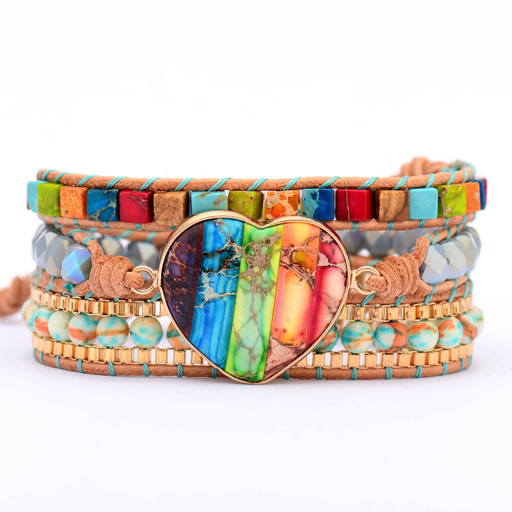 Heart-Shaped Colorful Imperial Stone Leather Bracelet-canovaniajewelry