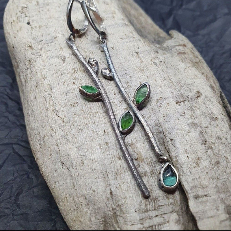 Plant branches green leaves crystal earrings asymmetrical design-canovaniajewelry
