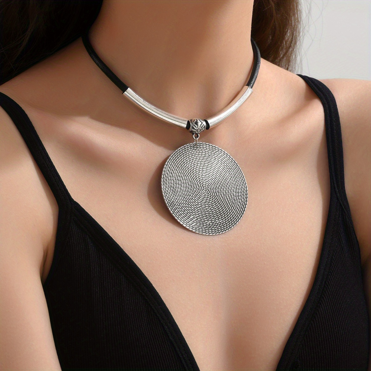 Boho Vintage Silvery Large Disc Pendant Necklace 