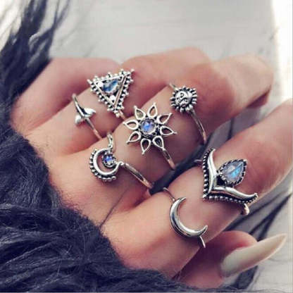 Retro Style Combination Ring Set Bohemian Resort Style Metal Crystal Ring Mix Personalized Tail Ring-canovaniajewelry