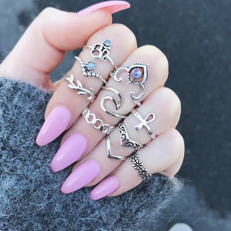 Retro Style Combination Ring Set Bohemian Resort Style Metal Crystal Ring Mix Personalized Tail Ring-canovaniajewelry