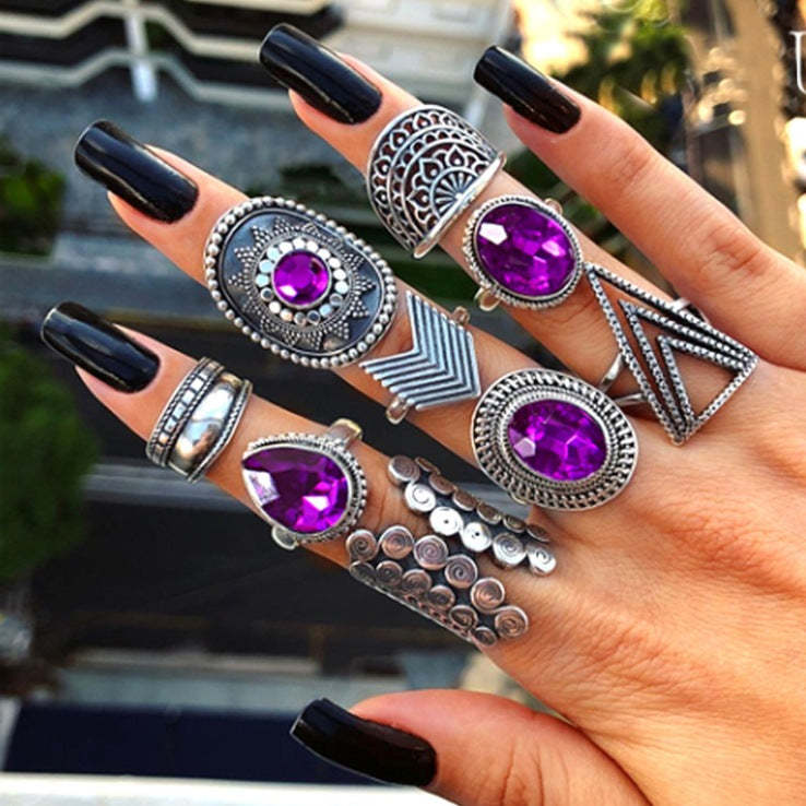 Retro Style Combination Ring Set Bohemian Resort Style Metal Crystal Ring Mix Personalized Tail Ring-canovaniajewelry