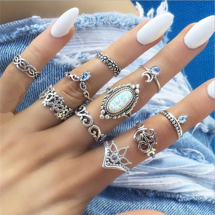 Retro Style Combination Ring Set Bohemian Resort Style Metal Crystal Ring Mix Personalized Tail Ring-canovaniajewelry