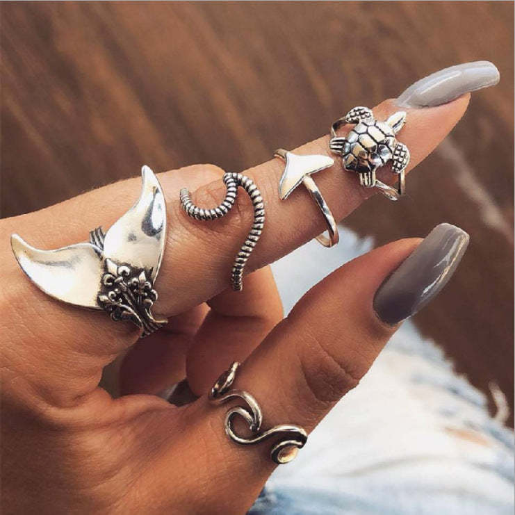 Retro Style Combination Ring Set Bohemian Resort Style Metal Crystal Ring Mix Personalized Tail Ring-canovaniajewelry