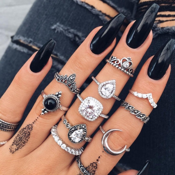 Retro Style Combination Ring Set Bohemian Resort Style Metal Crystal Ring Mix Personalized Tail Ring-canovaniajewelry
