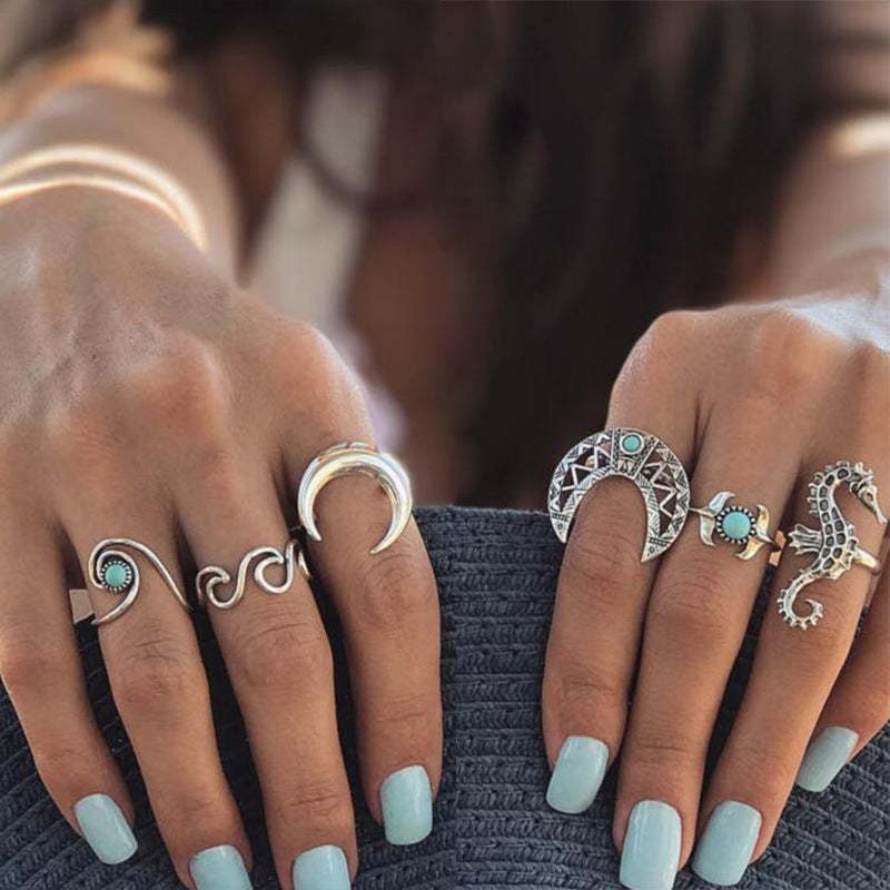 Retro Style Combination Ring Set Bohemian Resort Style Metal Crystal Ring Mix Personalized Tail Ring-canovaniajewelry