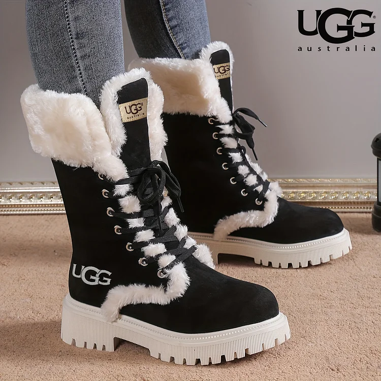 UGG Damskie śniegowce na platformie, codzienne sznurowane buty z pluszową wyściółką,