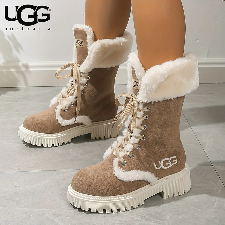 UGG Damskie śniegowce na platformie, codzienne sznurowane buty z pluszową wyściółką,
