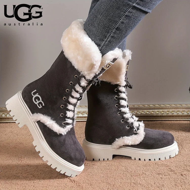 UGG Damskie śniegowce na platformie, codzienne sznurowane buty z pluszową wyściółką,