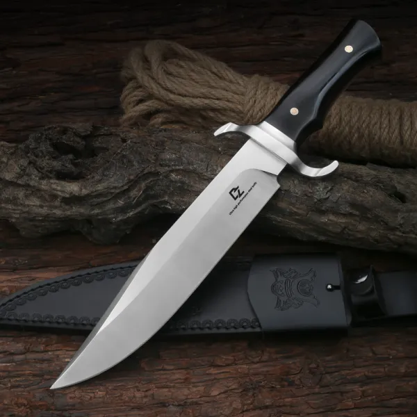 Ručne vyrobený nôž Bowie z ocele D2 (15 palcov) s koženým puzdrom.