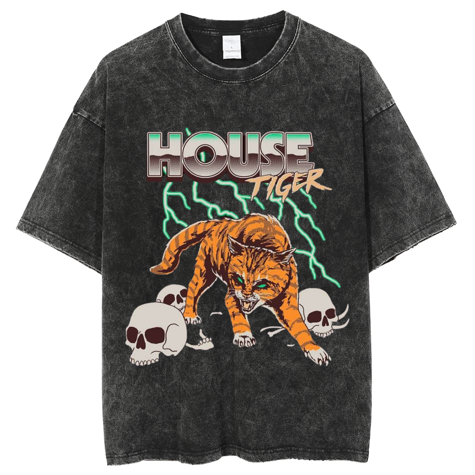 House Tiger Skull Cat Unisex Vintage Wash Denim T-Shirts